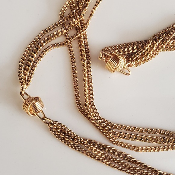 Monet Long Triple Strand Gold Tone Knot Station Chain Necklace Classic Signed - Picture 3 of 7